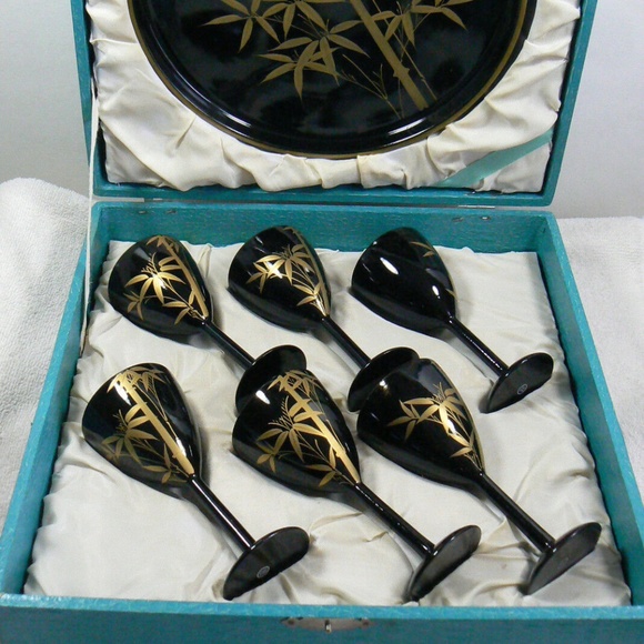 VTG black lacquer Bamboo design gold on black lacquer set of 6 goblets tray Box - Picture 3 of 12